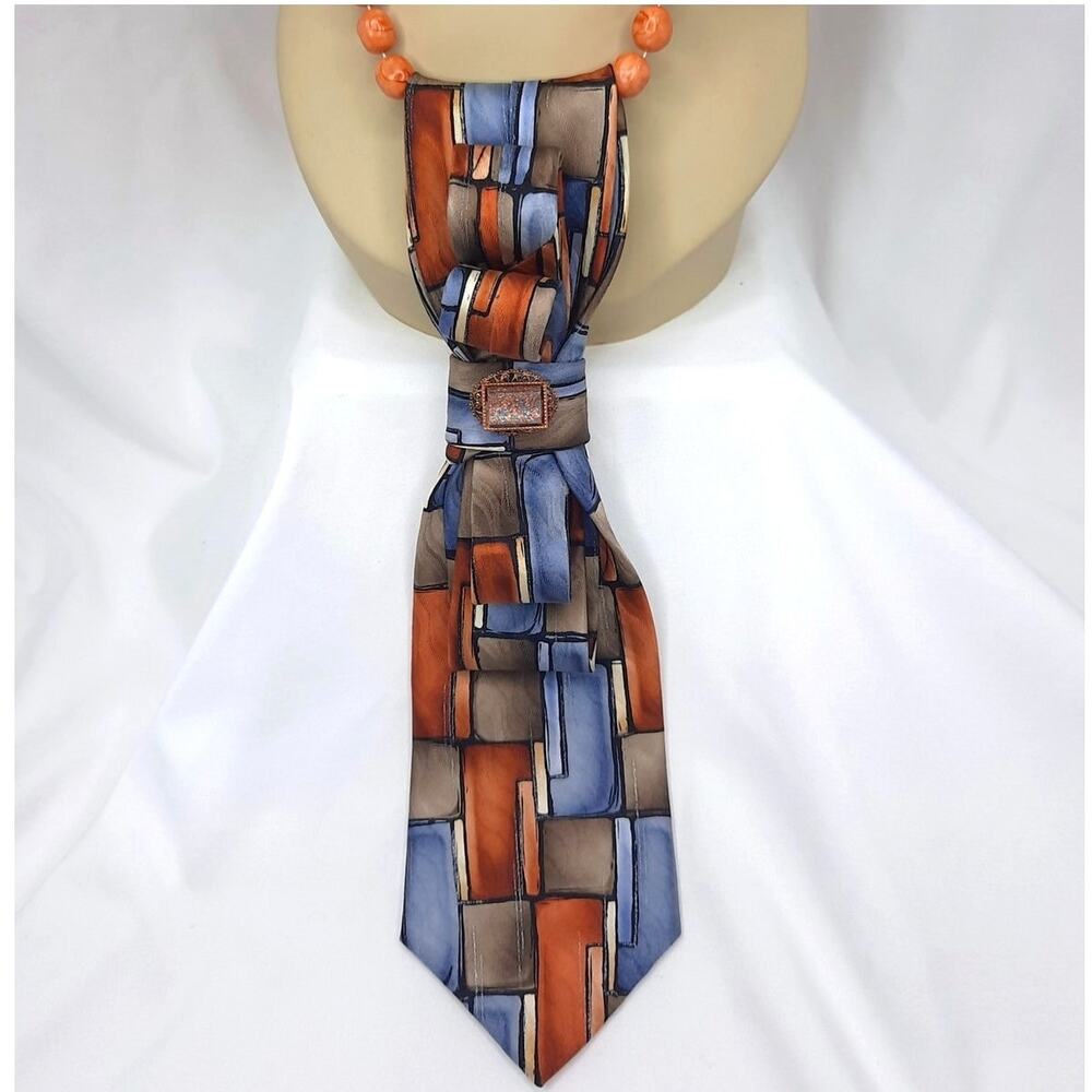 Artisan Vintage Silk Tie Necklace Blue Brown Orange Abstract Pendant Beaded NEW